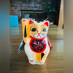 BECKONING CAT Wealth Lucky Waving Maneki Neko - Left Handed Calico Cat 5.5 “